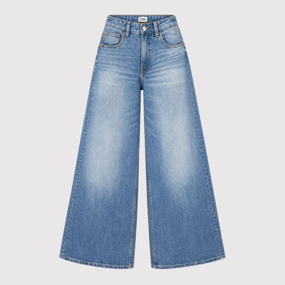 ZARA Women Jeans Blue Denim Cropped High Rise Baggy Wide Leg Medium Wash Size 6
